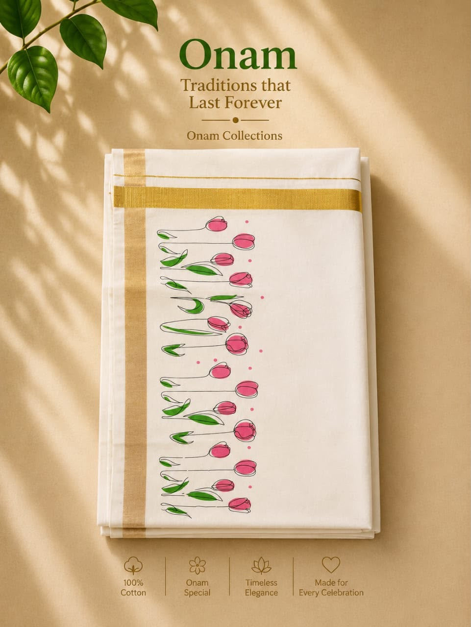 Tulip Print Kasavu Mundu