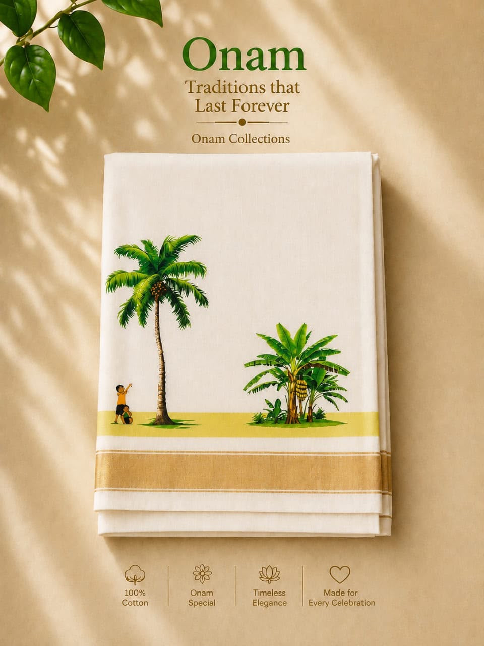 Premium Double Mundu – Elephant & Coconut Tree Edition | 100% Cotton