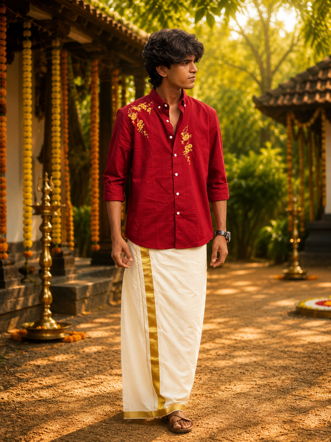 Premium Floral Embroidery Onam Shirt - Poly Cotton Festive Wear