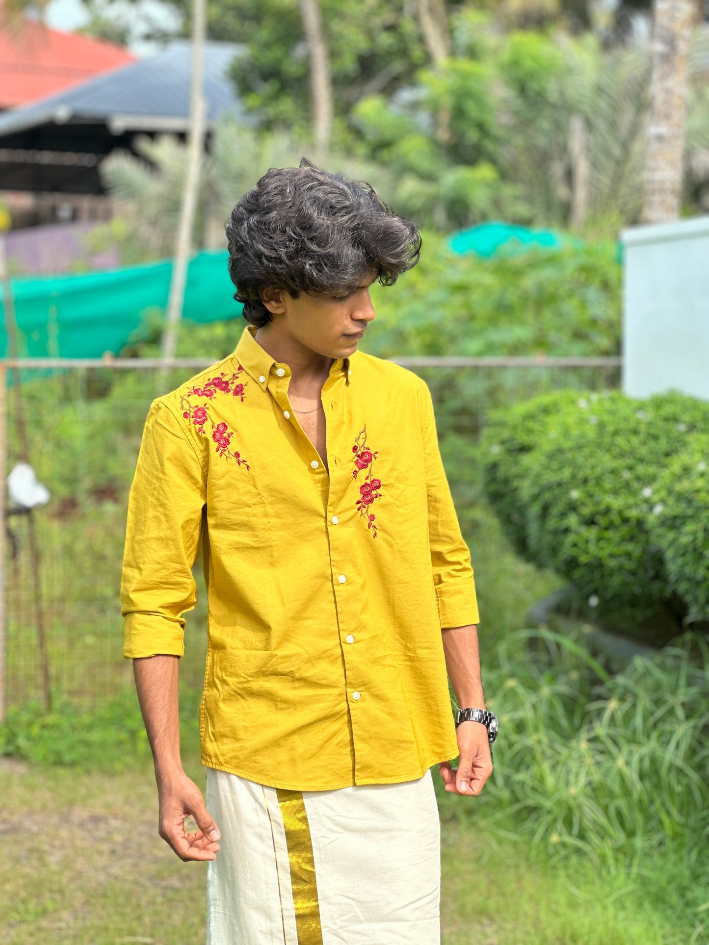 Premium Floral Embroidery Onam Shirt - Poly Cotton Festive Wear