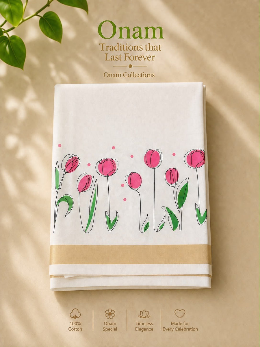 Tulip Print Kasavu Mundu