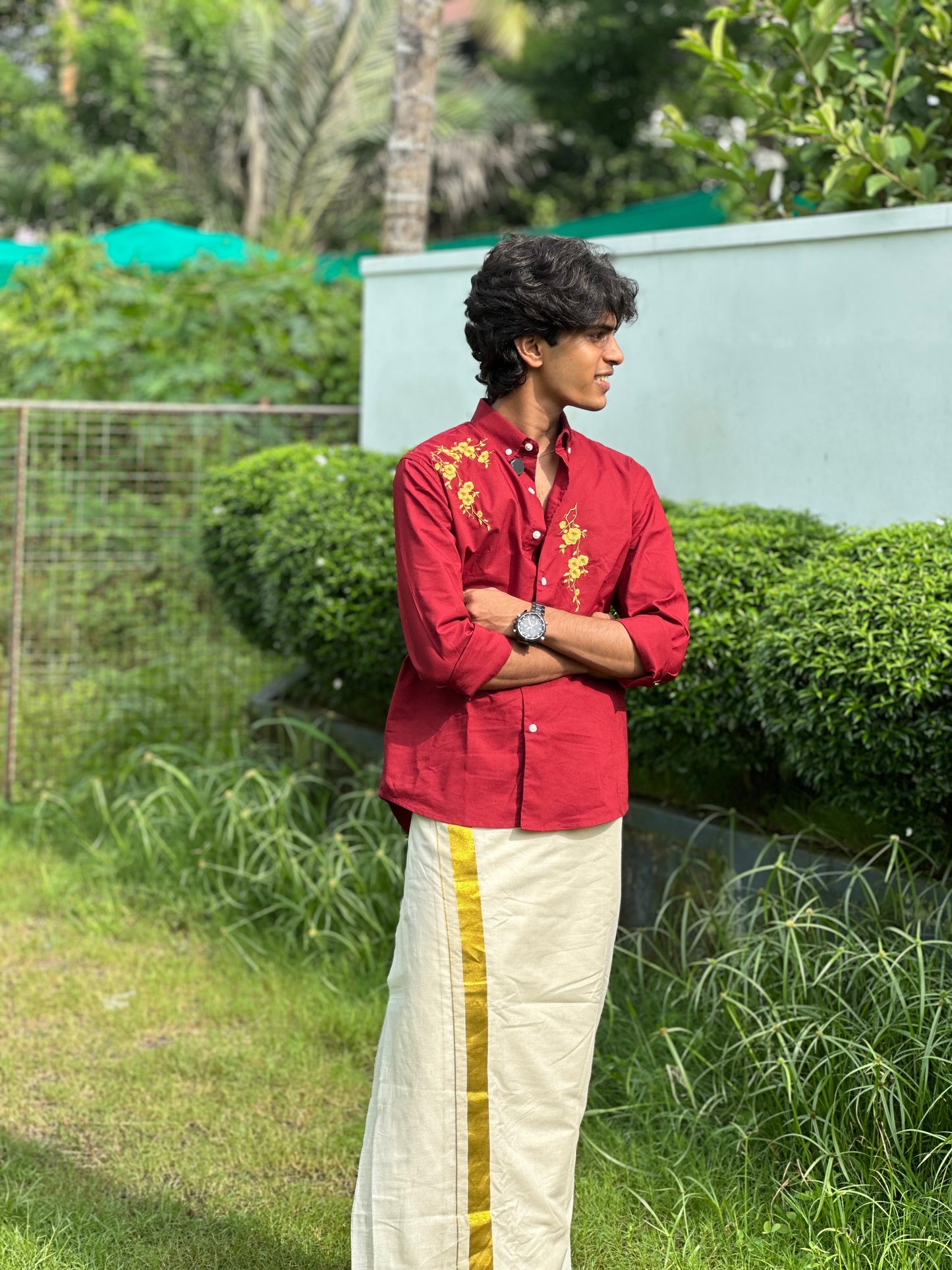 Premium Floral Embroidery Onam Shirt - Poly Cotton Festive Wear