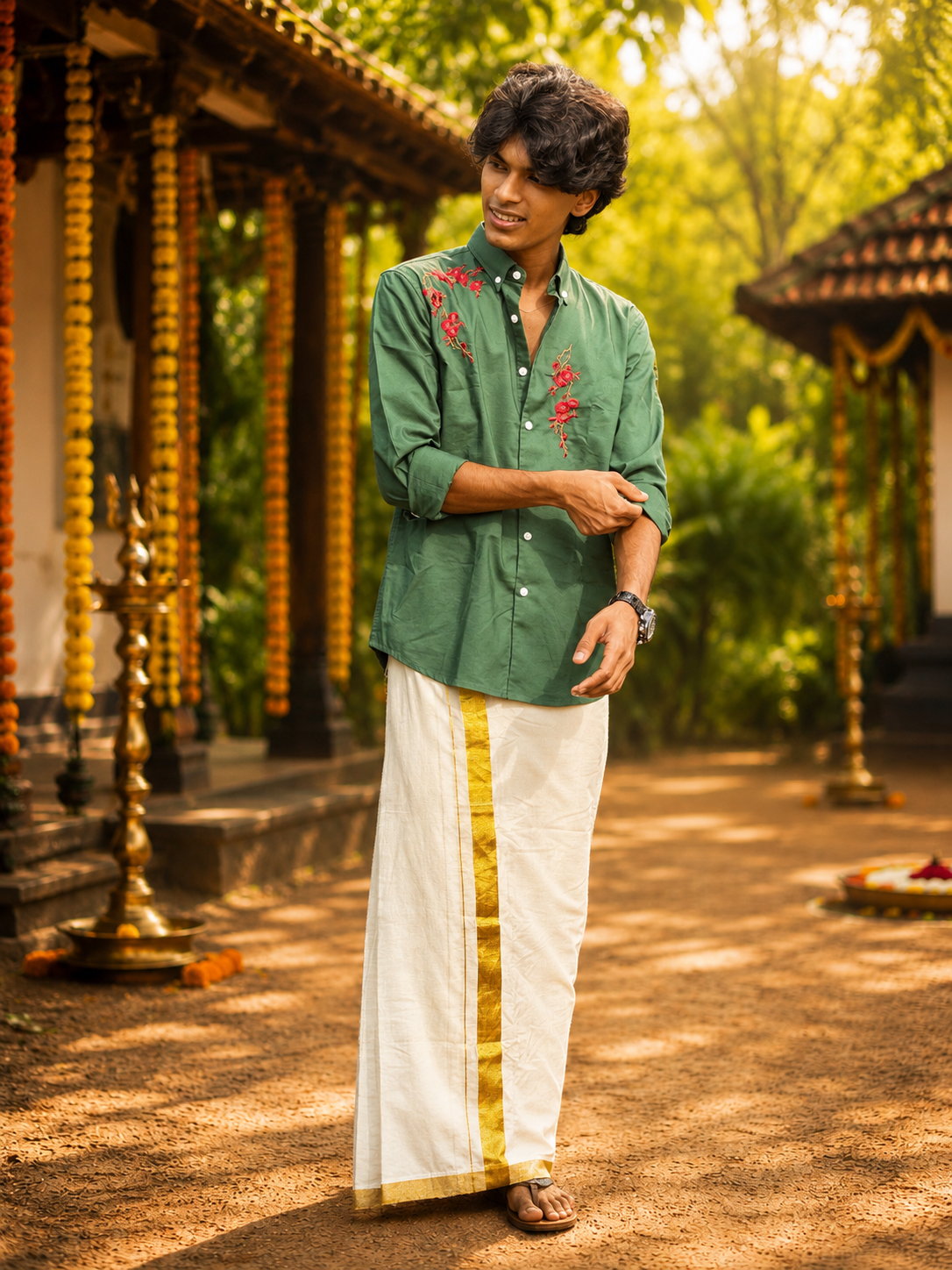 Premium Floral Embroidery Onam Shirt - Poly Cotton Festive Wear