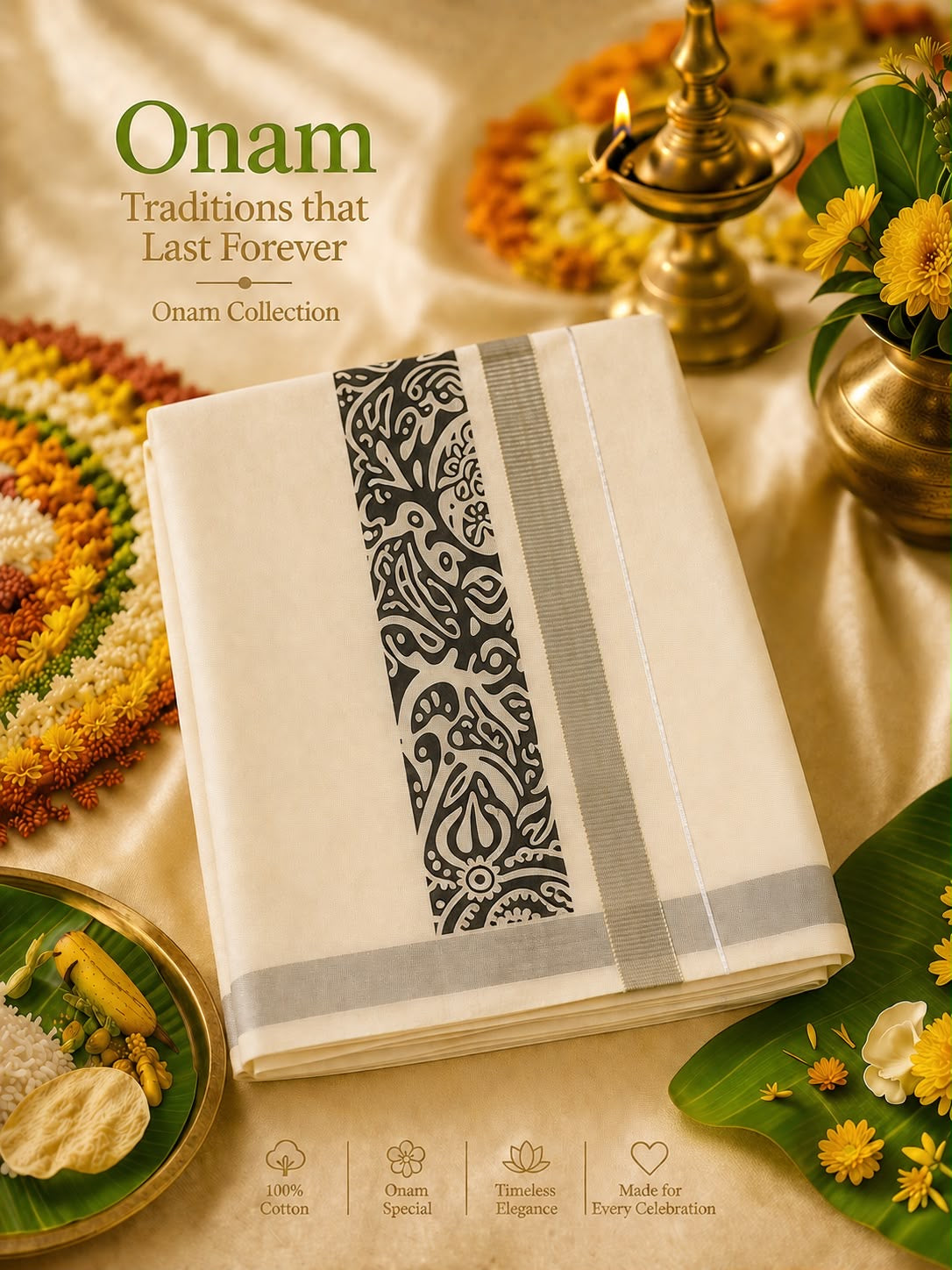 Premium Silver Kara Double Mundu – Black Line Edition | 100% Cotton