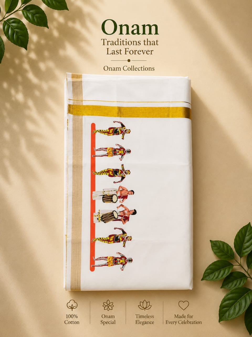 Premium Double Mundu – Pulikali Edition | 100% Cotton