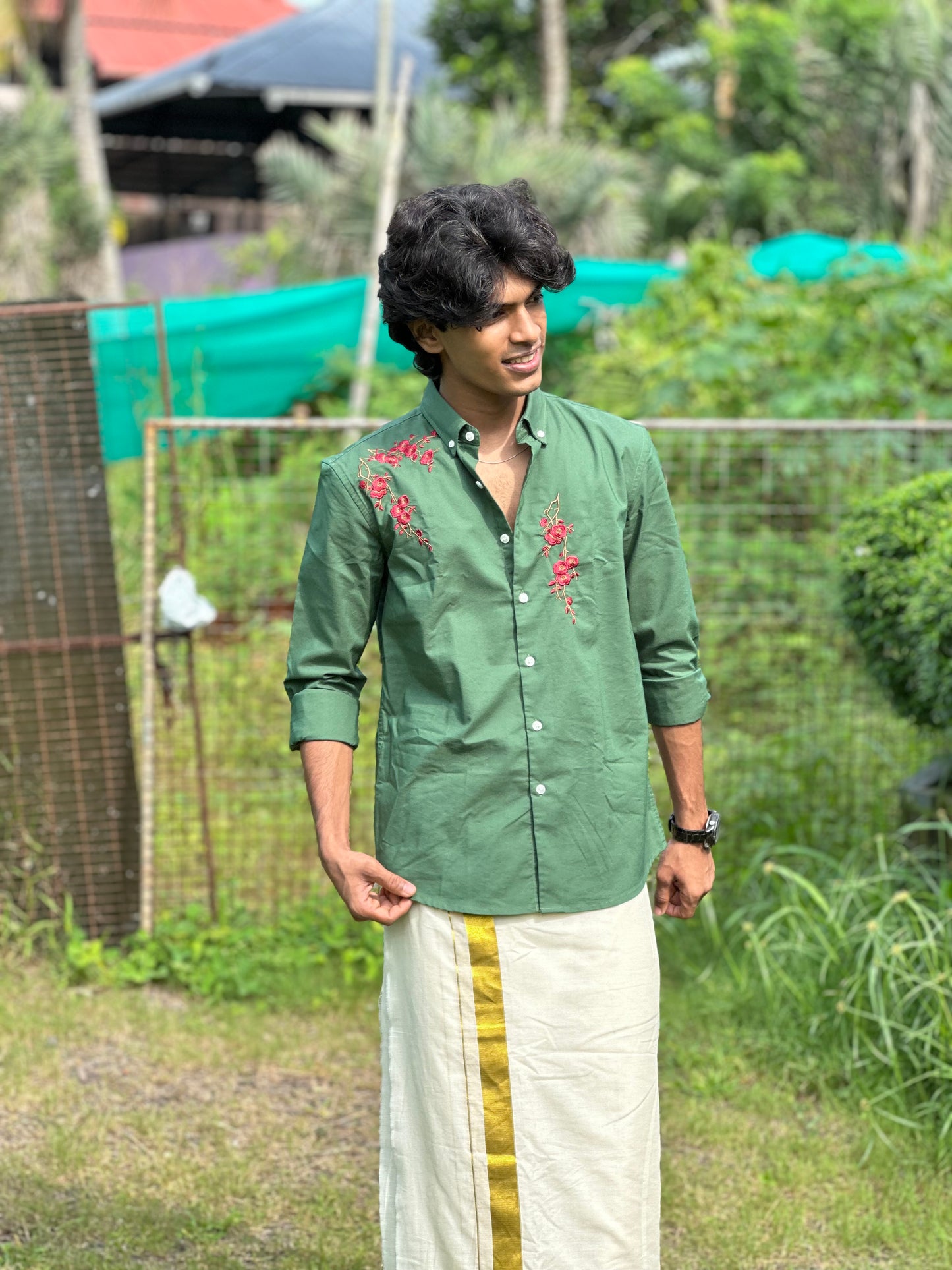 Premium Floral Embroidery Onam Shirt - Poly Cotton Festive Wear