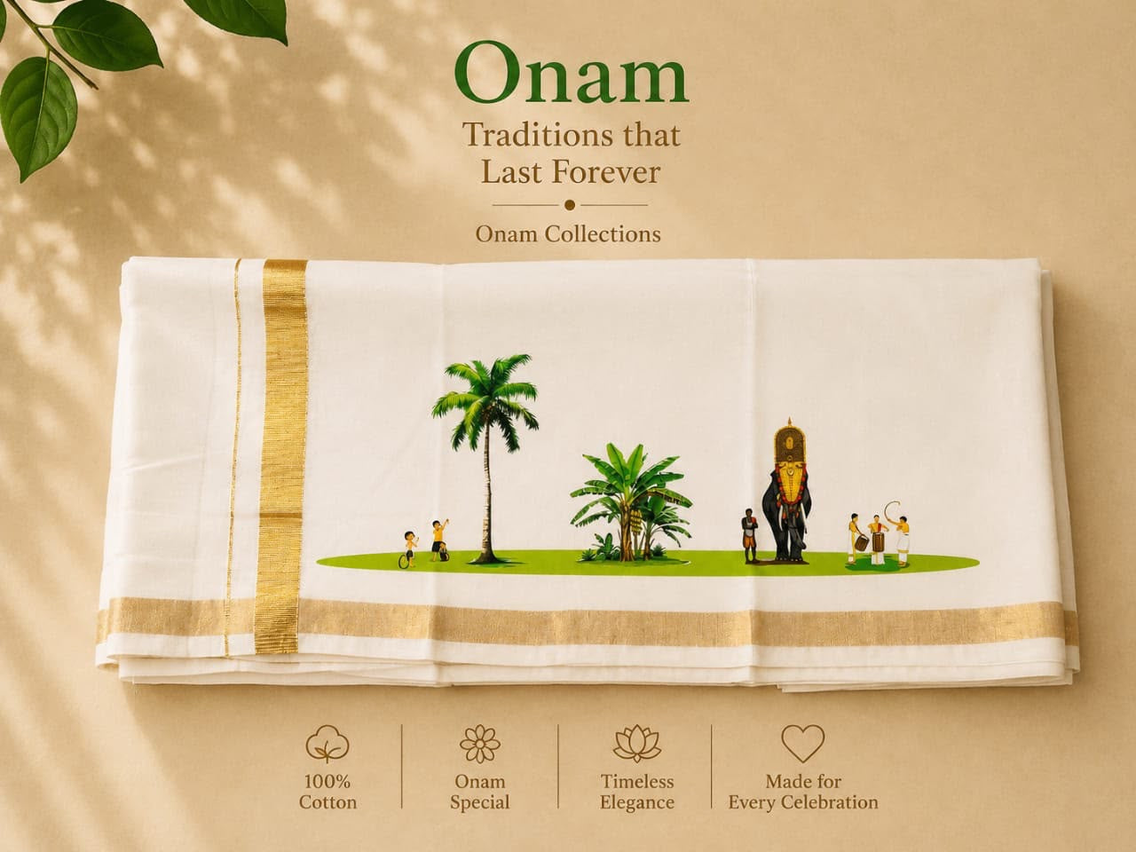 Premium Double Mundu – Elephant & Coconut Tree Edition | 100% Cotton