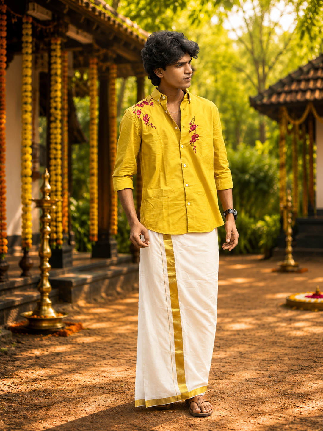 Premium Floral Embroidery Onam Shirt - Poly Cotton Festive Wear