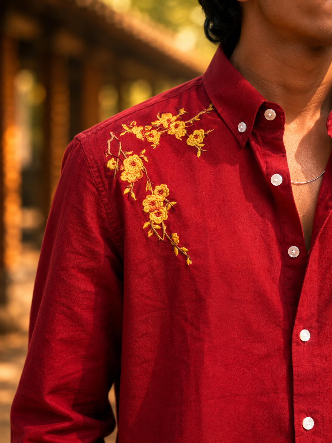 Premium Floral Embroidery Onam Shirt - Poly Cotton Festive Wear