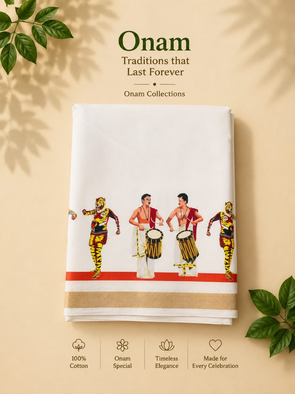 Premium Double Mundu – Pulikali Edition | 100% Cotton