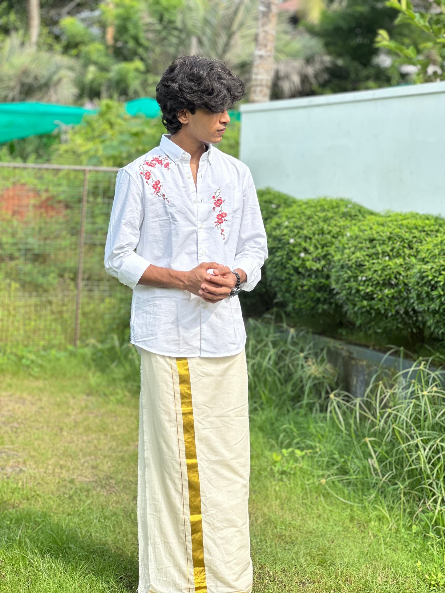 Premium Floral Embroidery Onam Shirt - Poly Cotton Festive Wear